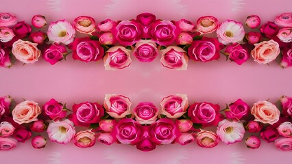 Flowers composition border pattern made of roses and ranunculus flowers on pink background flat lay top view