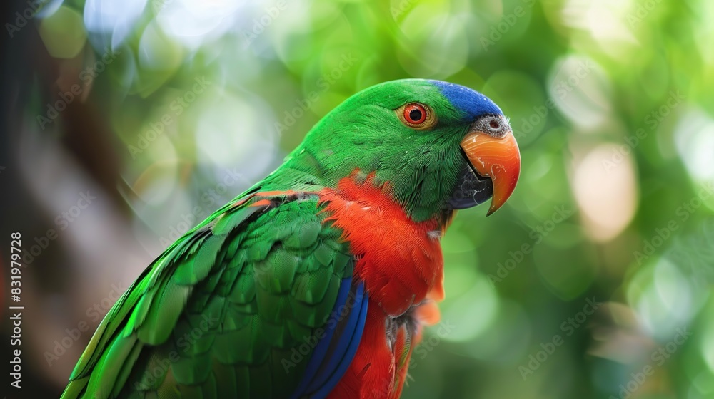 close up of Parrot Biak Eclectus, exotic birds, green parrot. Generative Ai