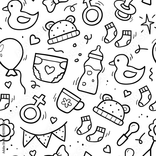 Seamless pattern of baby objects and elements in doodle style. Diaper, dummy, rattle, milk bottle, ball. Vector illustration