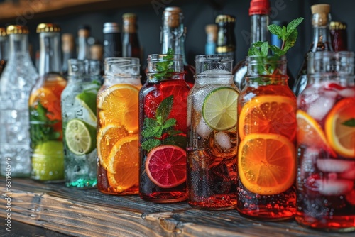 Colorful array of bottled cocktails on a rustic wooden bar, exuding a lively and festive atmosphere, perfect for social events and celebrations, showcasing vibrant drink options photo