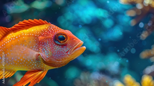 Close up portrait of red fish on blue background sea pets aquarium. Generative Ai