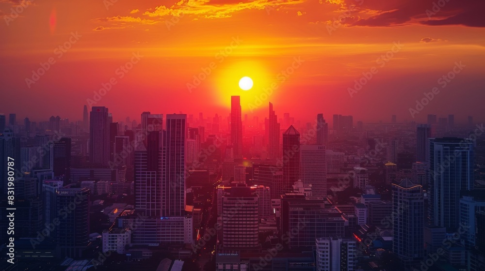Cityscape with big sun and sunset on center between building