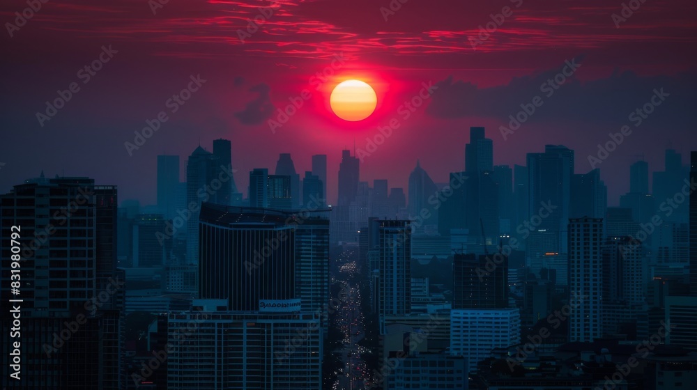 Fototapeta premium Cityscape with big sun and sunset on center between building