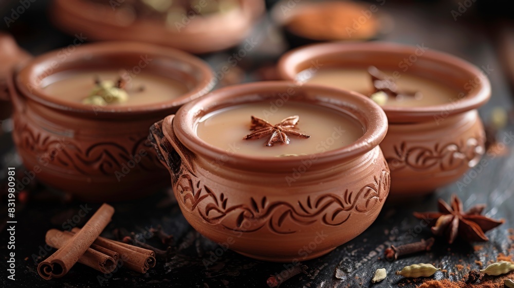 Close-up of aromatic masala chai served in traditional clay cups, garnished Close-up of aromatic masala chai served in traditional clay cups, garnished