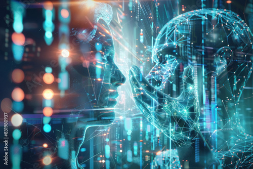 A digital art piece showcasing the concept of artificial intelligence, with holographic images representing human and AI faces