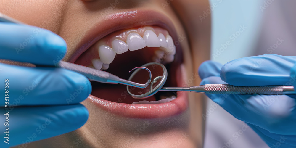 Detailed view of a dental checkup with dentist using mirror and explorer tool in patient's mouth Detailed view of a dental checkup with dentist using mirror and explorer tool in patient's mouth