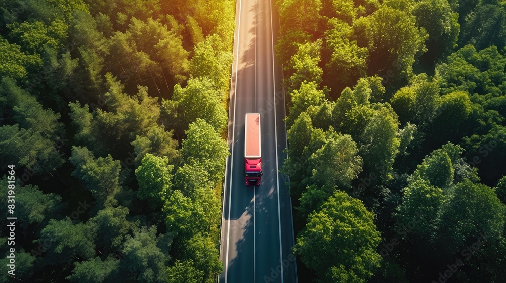 Aerial view of a truck driving along a highway surrounded by green trees and forest. Industrial transport