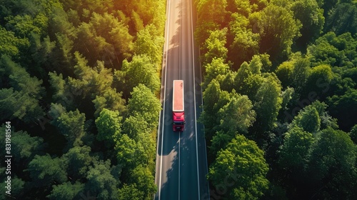 Obraz na płótnie Aerial view of a truck driving along a highway surrounded by green trees and forest. Industrial transport w salonie