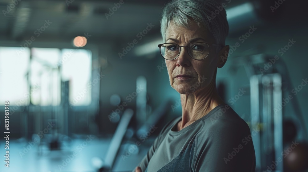 Confident Mature Woman Standing in a Gym During Evening Workout Session Confident Mature Woman Standing in a Gym During Evening Workout Session