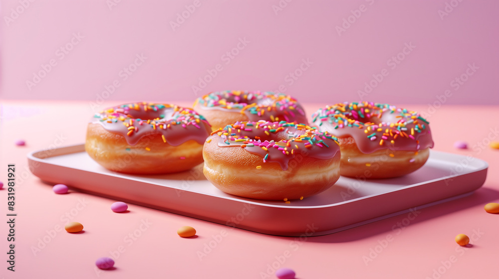 Pink Glazed Donuts with Sprinkles on Nordic Rectangle Tray Against Pink Pastel Background Pink Glazed Donuts with Sprinkles on Nordic Rectangle Tray Against Pink Pastel Background