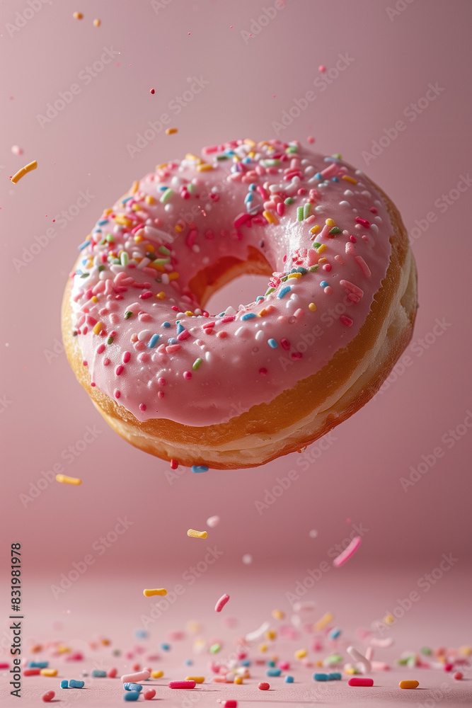 Levitating Pink Glazed Donut with Colorful Sprinkles on Pink Background Levitating Pink Glazed Donut with Colorful Sprinkles on Pink Background