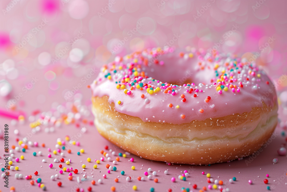 Closeup of Pink Glazed Donut with Colorful Sprinkles on Pink Background