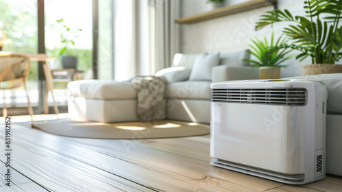 A white air conditioner sits on the wooden floor in the living room, dispersing cool air and soothing the summer heat.