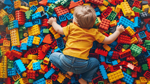 A young child sits on the floor, immersed in playing with colorful blocks, creating his own little world.