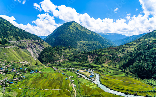 Landscape view of sinja river and terrace farmland in Karnali, Nepal  photo