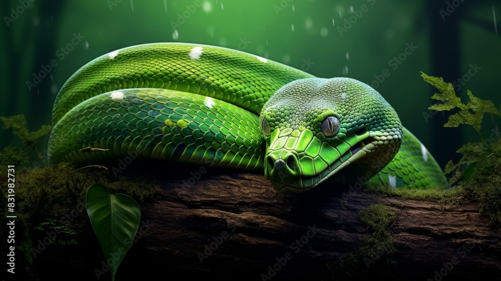 Colorful artwork of a green tree python coiled around a branch, with ...