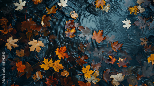 From above we see wet leaves fallen from the trees, creating a colorful carpet on the ground. Their bright shades of orange, red and gold intertwine naturally, creating a picturesque landscape. © Sawyer0