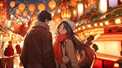brother and sister walk through the New Year's fair in Chinatown at night. anime style