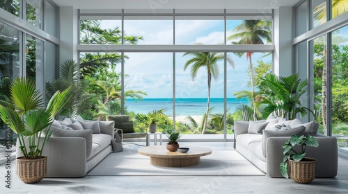 Beach house with gray sofa and easy arm chairs, pots with plants, LED and nature scenries in living room with a view of the ocean. beautiful villa interior