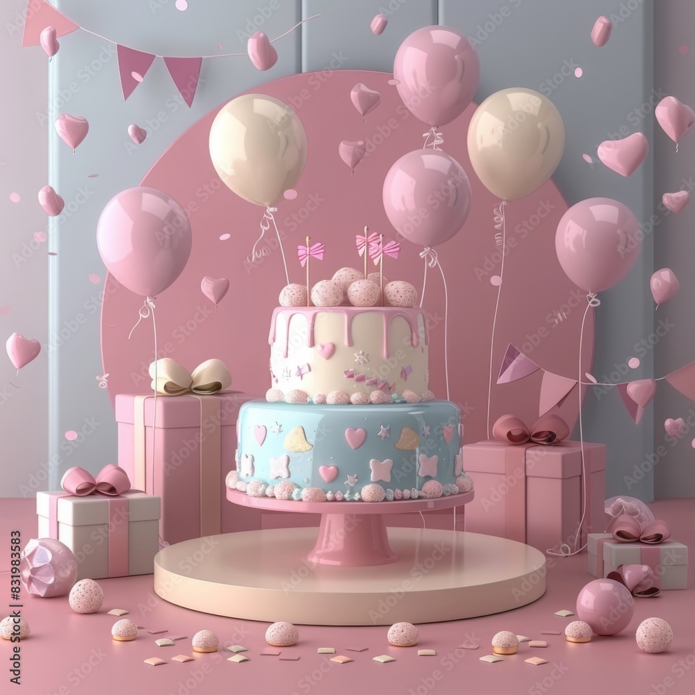 Celebratory Cake with Balloon Flags and Gift Boxes, Festive 3D Cartoon Design Celebratory Cake with Balloon Flags and Gift Boxes, Festive 3D Cartoon Design