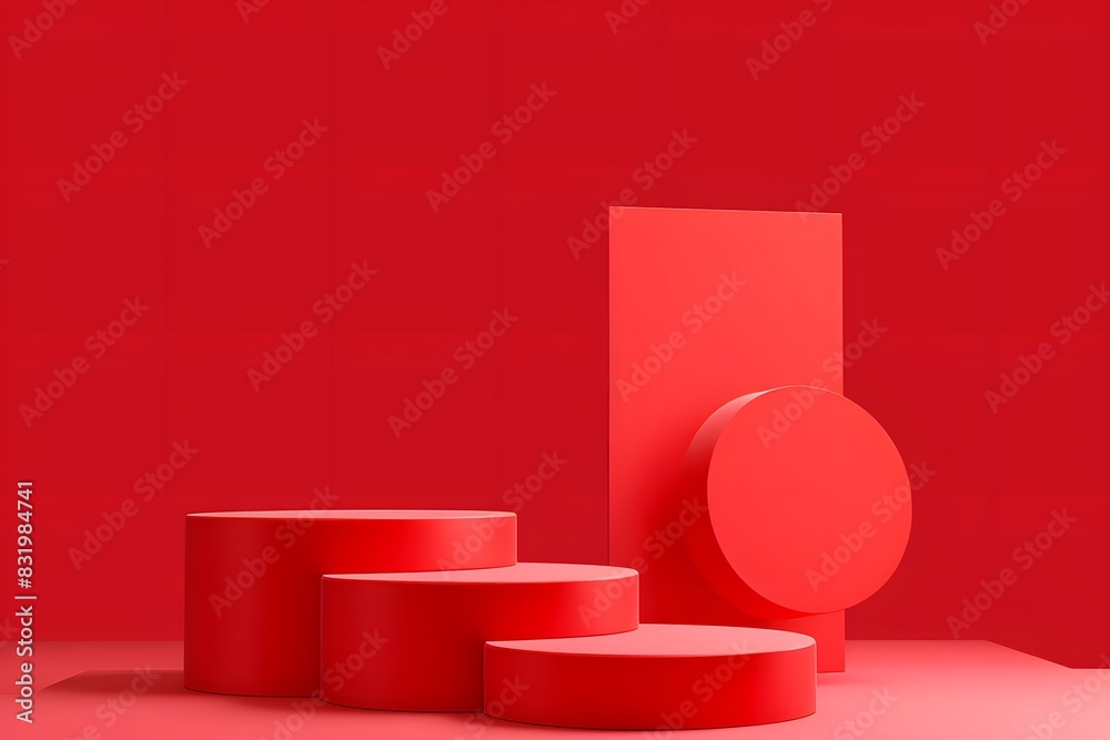 Red background, red podiums in the middle of the composition, simple geometric shapes, minimalist style, atmosphere, red color scheme, C4D rendering, high resolution photography, studio light