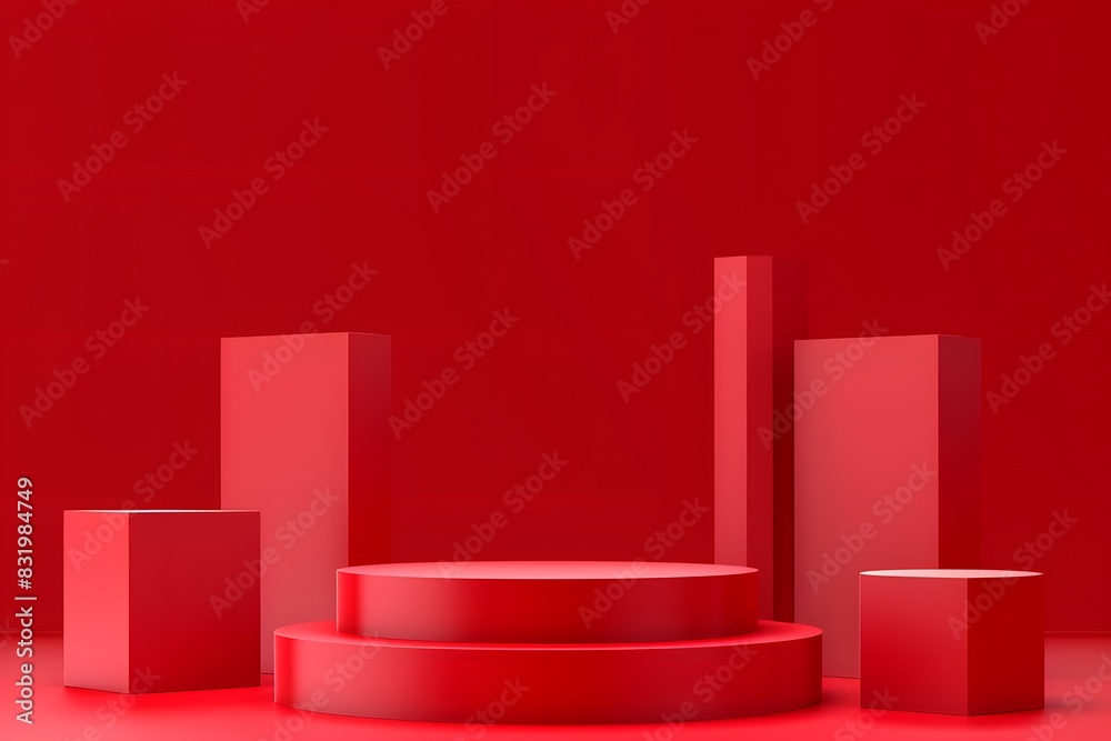 Red background, red podiums in the middle of the composition, simple geometric shapes, minimalist style, atmosphere, red color scheme, C4D rendering, high resolution photography, studio light Red background, red podiums in the middle of the composition, simple geometric shapes, minimalist style, atmosphere, red color scheme, C4D rendering, high resolution photography, studio light