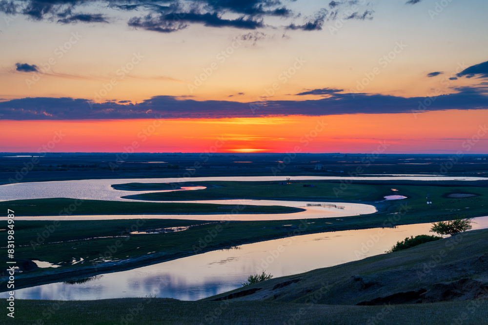 Fototapeta premium Sunset in Liujiazi, Dulbert Mongolian Autonomous County, Daqing City, Heilongjiang Province, China.