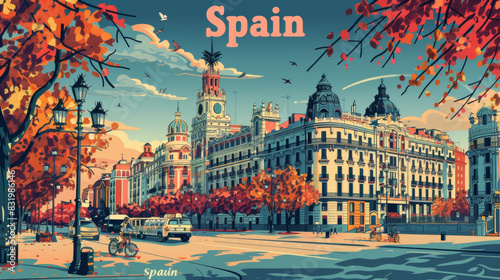 Spain architecture, cityscape, in the style of graphic design-inspired illustrations, travel poster