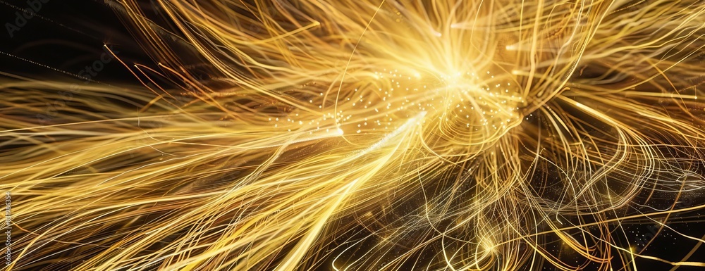 Fototapeta premium Abstract background with glowing gold lines and particles.