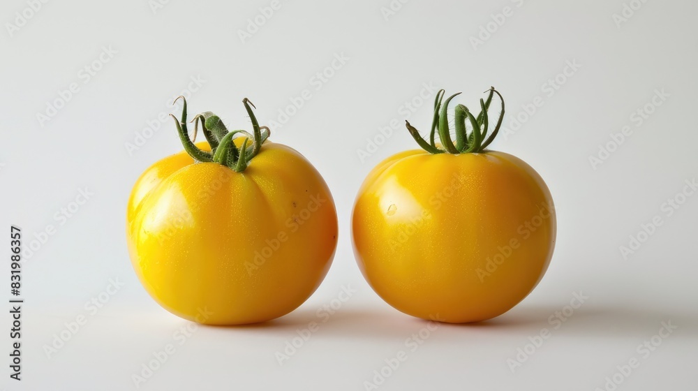 Two yellow ripe tomatoes standing alone against a white backdrop Two yellow ripe tomatoes standing alone against a white backdrop
