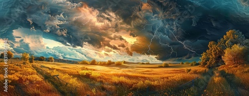 Panoramic view of a serene countryside at dusk disrupted by a powerful lightning strike photo