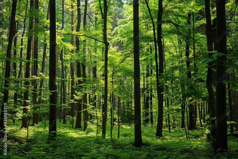 A vibrant forest teeming with a diverse array of trees, creating a lush and green landscape filled with life and tranquility. Generative AI A vibrant forest teeming with a diverse array of trees, creating a lush and green landscape filled with life and tranquility. Generative AI