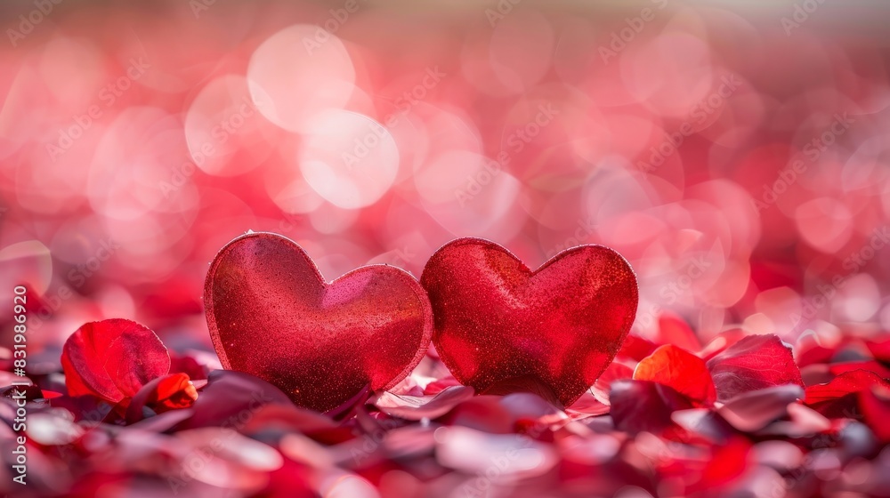 Glittering hearts on a bed of rose petals Glittering hearts on a bed of rose petals