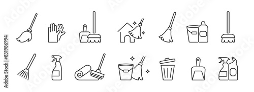 Cleaning icons set. Mop, bucket, carpet, spray, bottle household. Mopping. Vector illustration