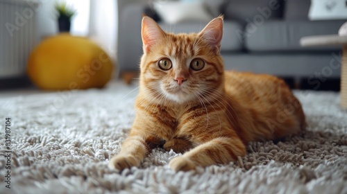 cat sitting on floor, with beautiful eyes, looking cute and curious, showcasing its furry charm