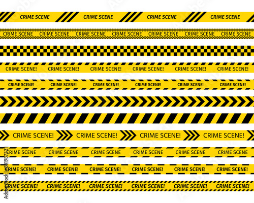 Crime scene tape. Seamless barrier borders for criminal accident zones. Set yellow striped police ribbon. Warning tapes lines for restriction of crime places. Vector illustration. © Iryna