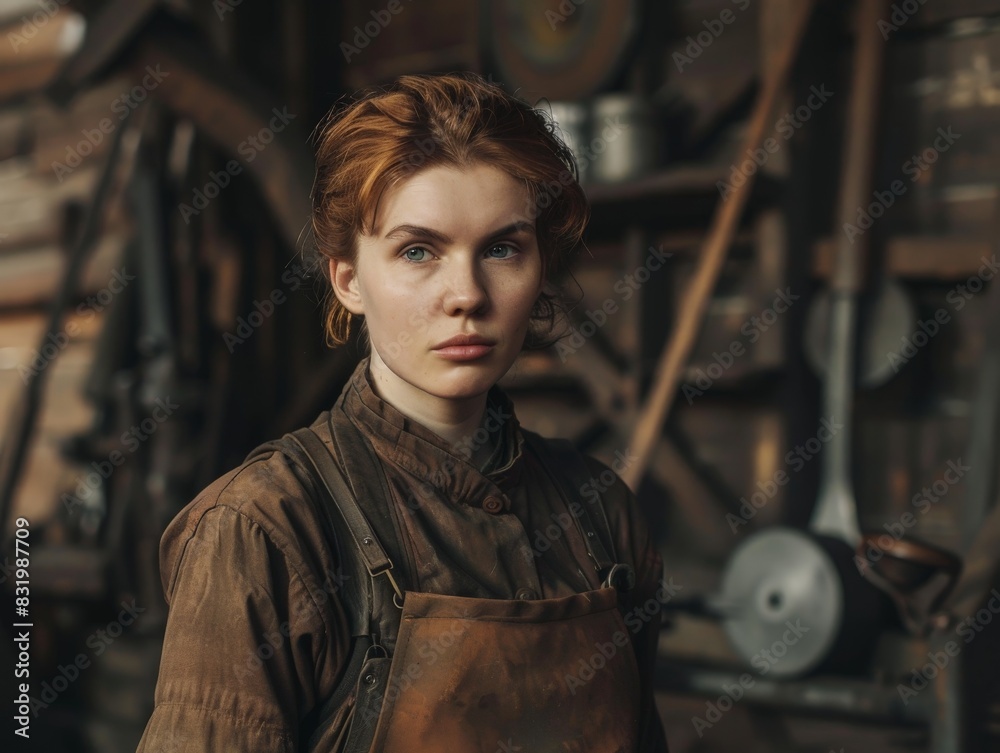 Portrait of a serious young woman in a workshop