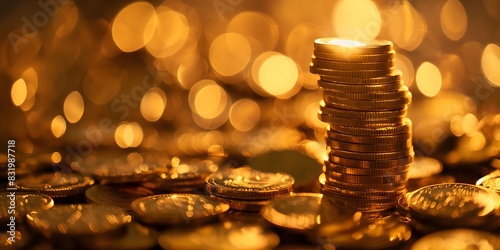 Stacks of gold coins with a glowing light and bokeh effect in the background