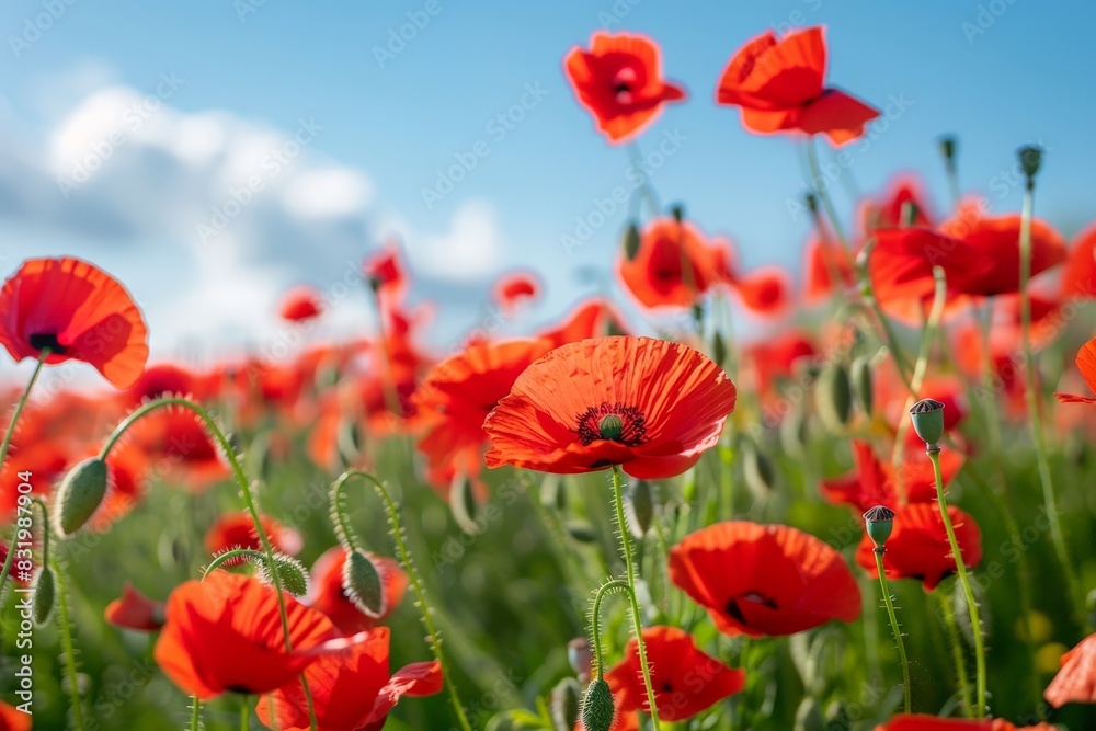 Obraz premium Vibrant red poppy field under a blue sky