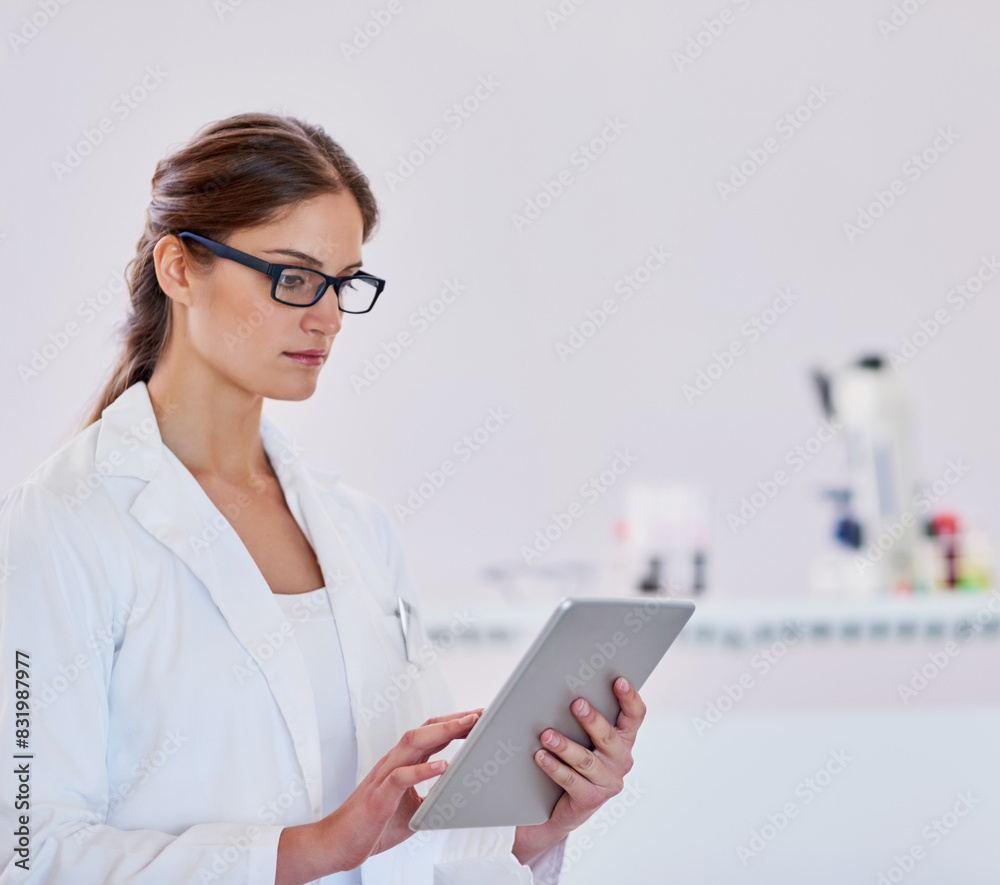 Tablet, woman and scientist reading in laboratory with medical research for covid vaccine. Discovery, professional and female virus researcher with digital technology for pharmaceutical innovation. Tablet, woman and scientist reading in laboratory with medical research for covid vaccine. Discovery, professional and female virus researcher with digital technology for pharmaceutical innovation.