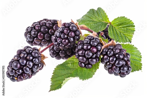Ripe blackberry isolated on white background with clipping path. Fresh summer forest berries of large size. Detailed collection of blackberries with leaves
