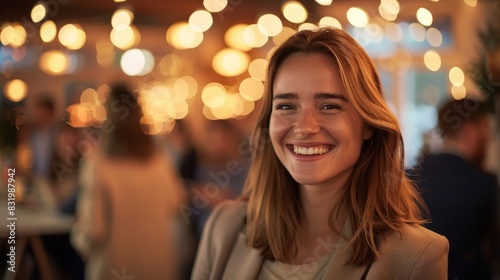 smiling woman with blurred lights in background