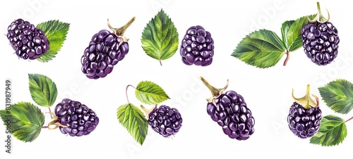 Ripe blackberry isolated on white background with clipping path. Fresh summer forest berries of large size. Detailed collection of blackberries with leaves