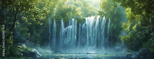 Tranquil waterfall cascading through lush green foliage.
