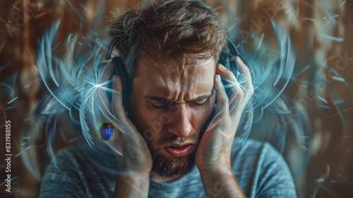 A man holds his head with a pained expression on his face, hearing a high-frequency noise sound in his ears. have tinnitus - noise whistling in ears There are symptoms of illness. photo