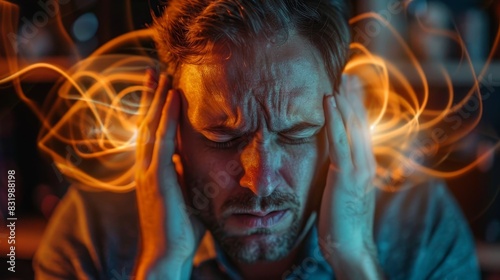 A man holds his head with a pained expression on his face  hearing a high-frequency noise sound in his ears. have tinnitus - noise whistling in ears There are symptoms of illness.