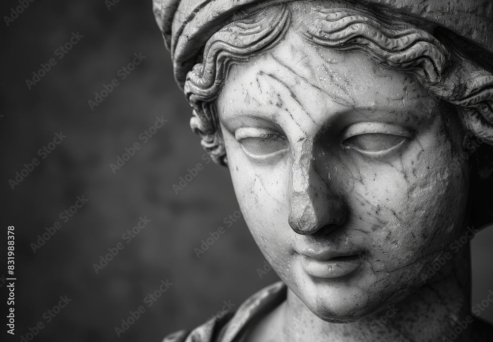 Close-up of an ancient stone statue face Close-up of an ancient stone statue face