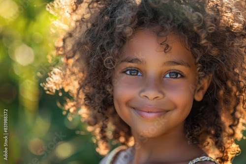 Happy young African American girl with curly hair  glancing at the camera with a big grin