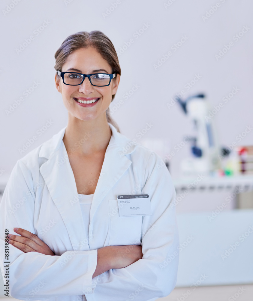 Crossed arms, happy and portrait of scientist in laboratory with confidence, smile and pride. Woman, professional and female virus researcher with skill for pharmaceutical and medical innovation.