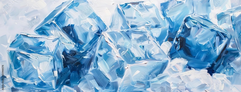 Texture-rich oil painting of ice cubes, intricate brushstrokes, vibrant translucency, play of light and shadow, soft blue and white hues, classic still-life composition Texture-rich oil painting of ice cubes, intricate brushstrokes, vibrant translucency, play of light and shadow, soft blue and white hues, classic still-life composition